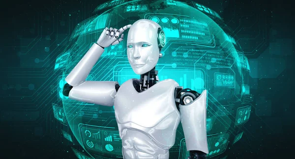 Denken AI humanoïde robot analyseren hologram scherm tonen concept big data — Stockfoto