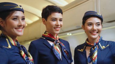 Bir grup kabin görevlisi ya da hostes uçakta.