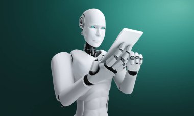 Robot insanımsı gelecekteki ofiste cep telefonu veya tablet kullan