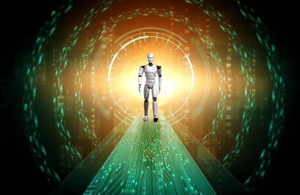 3D-rendering robot humanoid i sci fi fantasy världen — Stockfoto