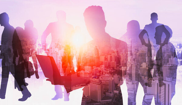 Abstract image of many business people together in group on background of city