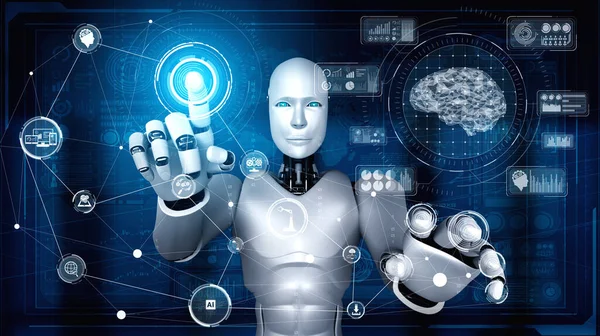 AI humanoid robot touching virtual hologram screen showing concept of AI brain — Stock Photo, Image