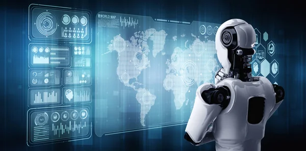 Denken AI humanoïde robot analyseren hologram scherm toont concept van het netwerk — Stockfoto