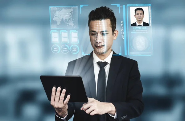 Tecnologia de reconhecimento facial digitalizar e detectar pessoas rosto para identificação — Fotografia de Stock