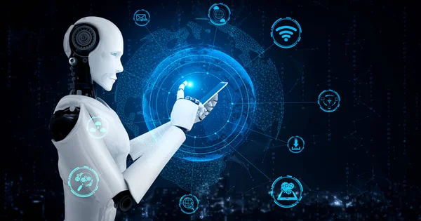 Robô humanóide usar telefone celular ou tablet para conexão de rede global — Fotografia de Stock