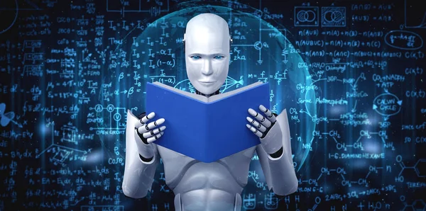 3D illustration of robot humanoid reading book and solving math