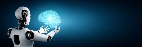 Τεχνητό ανθρωποειδές ρομπότ με εικονική οθόνη ολόγραμμα που δείχνει την έννοια του εγκεφάλου AI — Φωτογραφία Αρχείου