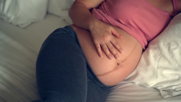 Mutlu hamile bir kadın ve evde bebek bekliyor.. — Stok video
