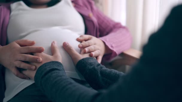 Couple enceinte se sent l'amour et se détendre à la maison. — Video