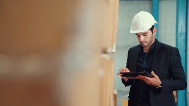 Gestionnaire d'usine utilisant un ordinateur tablette dans un entrepôt ou une usine — Video