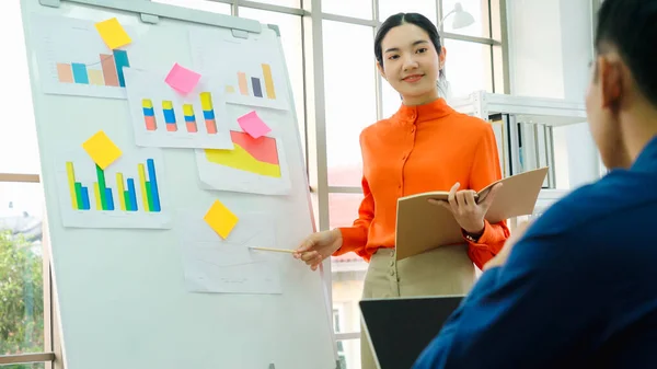 Young woman explains business data on white board — Stock Photo, Image