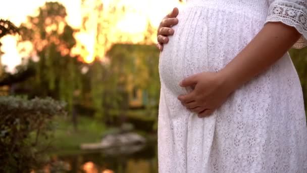 Zwangere vrouw zich gelukkig voelen in de tuin huis. — Stockvideo