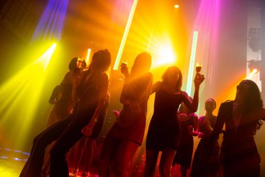 Disko gece kulübünde DJ 'in sahnede yaptığı müzikle dans eden insanların silueti.