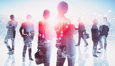 Birçok iş adamının soyut görüntüsü şehrin arka planında bir arada.