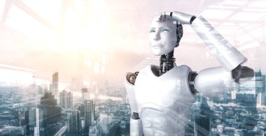 3D illüstrasyon robotu insansı şehir siluetine karşı dört gözle bekliyor