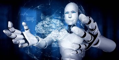 AI humanoid robot holding virtual hologram screen showing concept of AI brain clipart