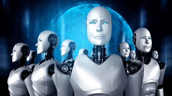 3D illustration of robot humanoid group