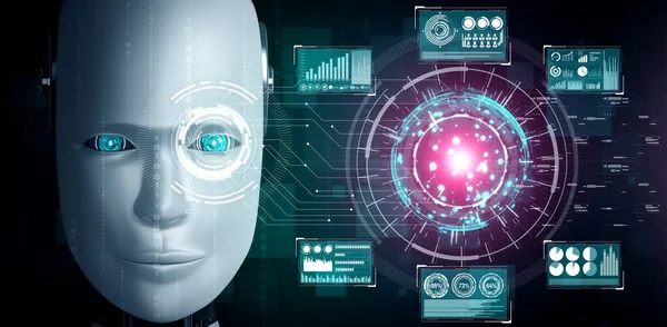Robot humanoid face close up with graphic concept of big data analytic