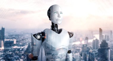 3D illüstrasyon robotu insansı şehir siluetine karşı dört gözle bekliyor