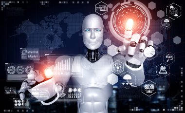 Sanal ekrana dokunan yapay zeka robotu küresel iletişim kavramını gösteriyor