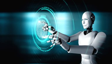 Yapay zeka robotu sanal sanal sanal ekrana dokunuyor ve yapay zeka beyni kavramını gösteriyor.