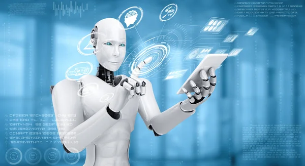Robot humanoid använda mobiltelefon eller surfplatta för big data analytics — Stockfoto