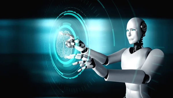 KI humanoider Roboter berührt virtuellen Hologramm-Bildschirm, der Konzept des KI-Gehirns zeigt — Stockfoto