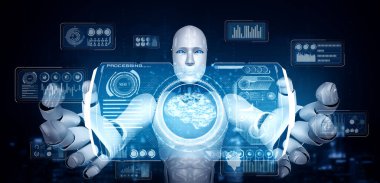 Büyük veri kavramını gösteren sanal hologram ekran tutan yapay zeka robotu