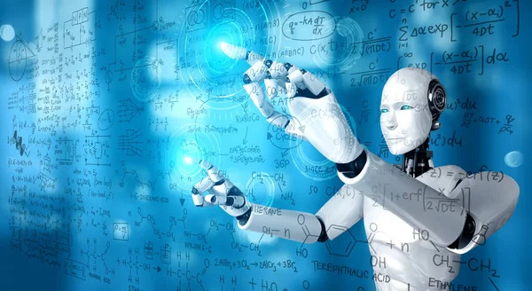 AI humanoid robot touch screen of mathematical formula and science equation — 스톡 사진