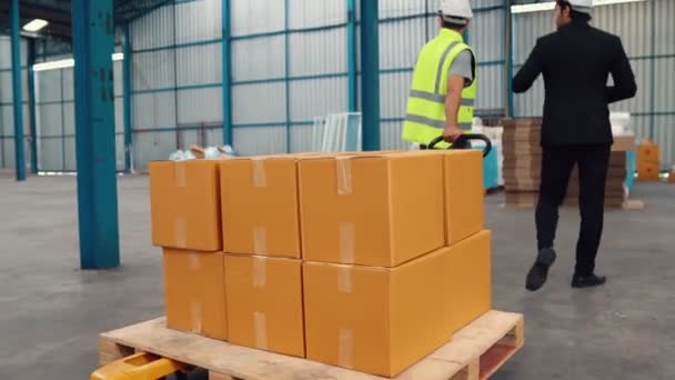 Работники завода доставляют коробки на толкающей тележке на складе . — стоковое видео