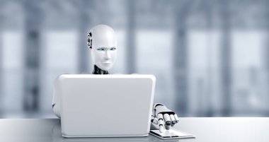 Robot insanımsı dizüstü bilgisayarı kullanın ve gelecekteki ofiste masaya oturun.