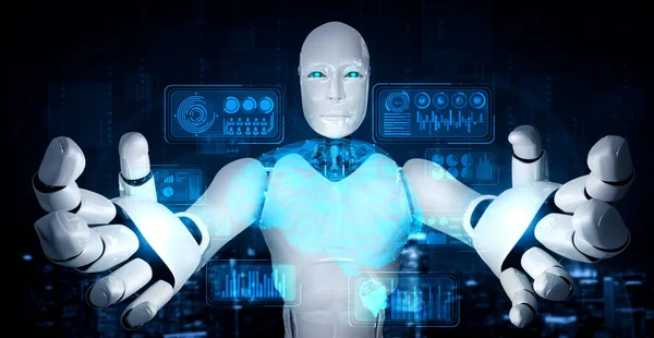 Τεχνητό ανθρωποειδές ρομπότ με εικονική οθόνη ολόγραμμα που δείχνει την έννοια των μεγάλων δεδομένων — Φωτογραφία Αρχείου
