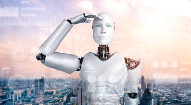 Büyük veri kavramını gösteren hologram ekranına bakan insansı yapay zeka robotu