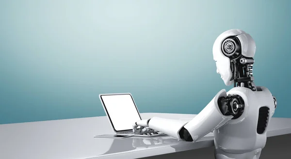机器人人形机器人使用笔记本电脑，坐在未来办公室的桌旁 — 图库照片