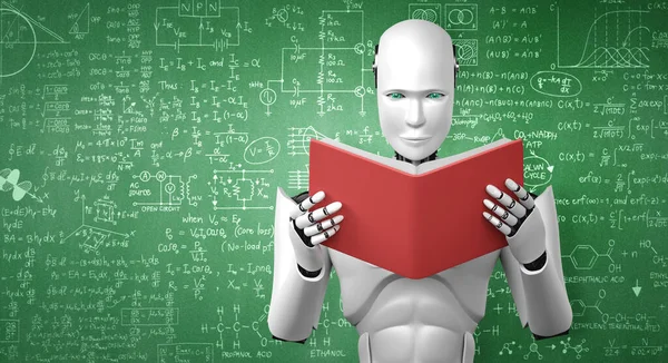 로봇 휴머노이드 의 3 차원 삽화읽기 책을 읽고 수학을 푸는 모습 — 스톡 사진