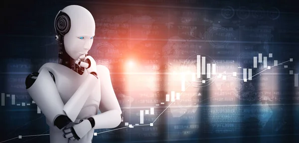 Думающий робот-гуманоид, анализирующий биржевую торговлю — стоковое фото