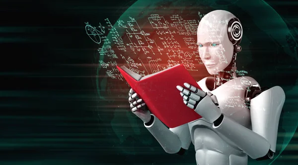 3D illustratie van robot humanoïde lezen boek en het oplossen van wiskunde — Stockfoto