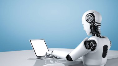 Robot insanımsı dizüstü bilgisayarı kullanın ve gelecekteki ofiste masaya oturun.