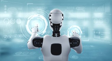 Yapay zeka robotu büyük veri kavramını gösteren sanal hologram ekranına dokunuyor