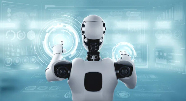 Robot humanoïde IA toucher écran hologramme virtuel montrant le concept de Big Data — Photo