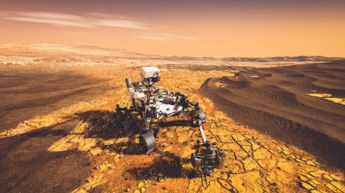 Mars keşif görevindeki insansız bir araç gezegen zemininde ilerliyor. .