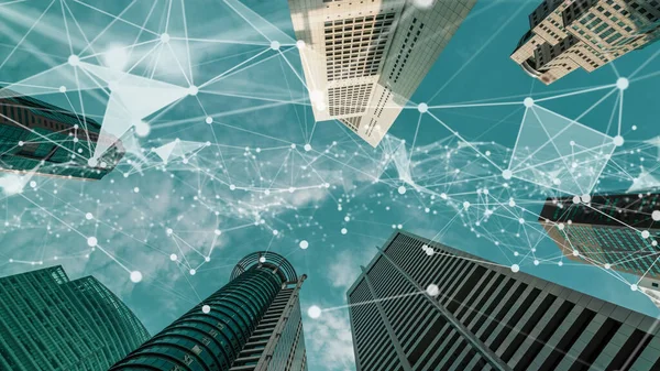 Wyobraźnia wizualne inteligentne cyfrowe miasto z globalizacją abstrakcyjna grafika pokazująca sieć połączeń — Zdjęcie stockowe