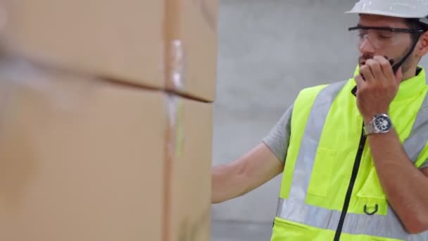 专业货物工人通过便携式无线电与另一名工人取得联系 — 图库视频影像