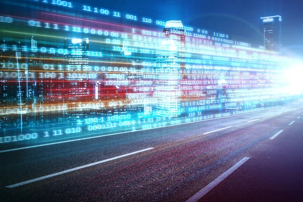Flusso di dati digitali su strada con sfocatura di movimento per creare visione di trasferimento di velocità rapido — Foto Stock