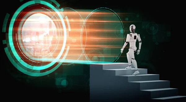 3D rendering robot humanoïde lopen trap naar succes — Stockfoto