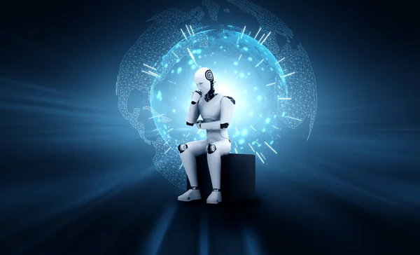 El pensamiento AI humanoide robot analizando la pantalla del holograma muestra el concepto de red — Foto de Stock