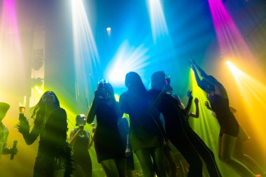 Disko gece kulübünde DJ 'in sahnede yaptığı müzikle dans eden insanların silueti.
