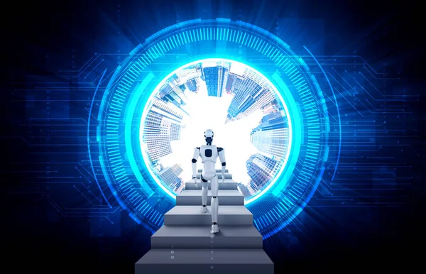 3D rendering robot humanoid walk up stair to success — Stock Photo, Image