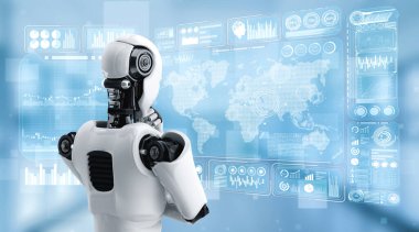 Yapay zeka robotunun hologram ekranını analiz ederek büyük veriler gösterdiğini düşünüyorum.