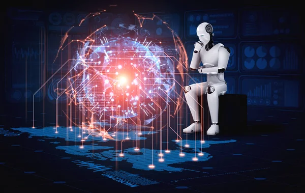 Thinking AI humanoid robot analyzing hologram screen shows concept of network